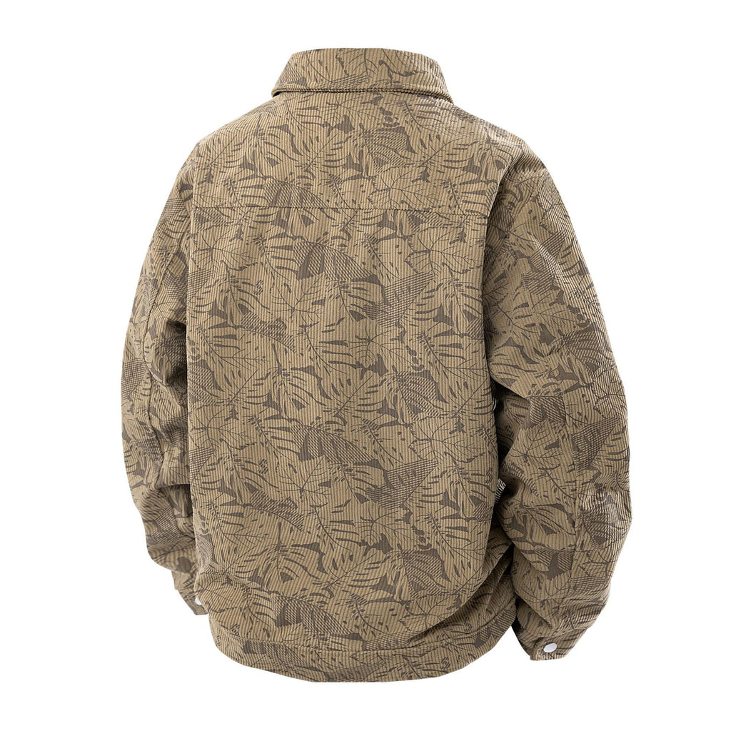 Men's cord jacket in trucker style with tonal leaf pattern, snap-button front and flap pockets Fashion Glam