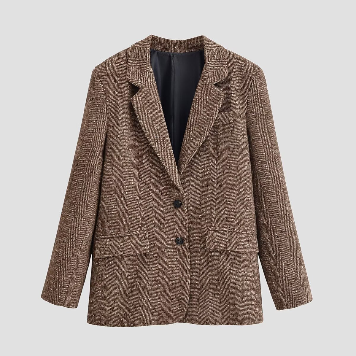 Women's Oversize Tweed Blazer with Houndstooth Pattern and Flap Pockets Fashion Glam