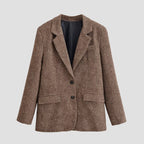 Women's Oversized Tweed Blazer with Herringbone Texture, Flap Pockets and Classic Lapel Fashion Glam