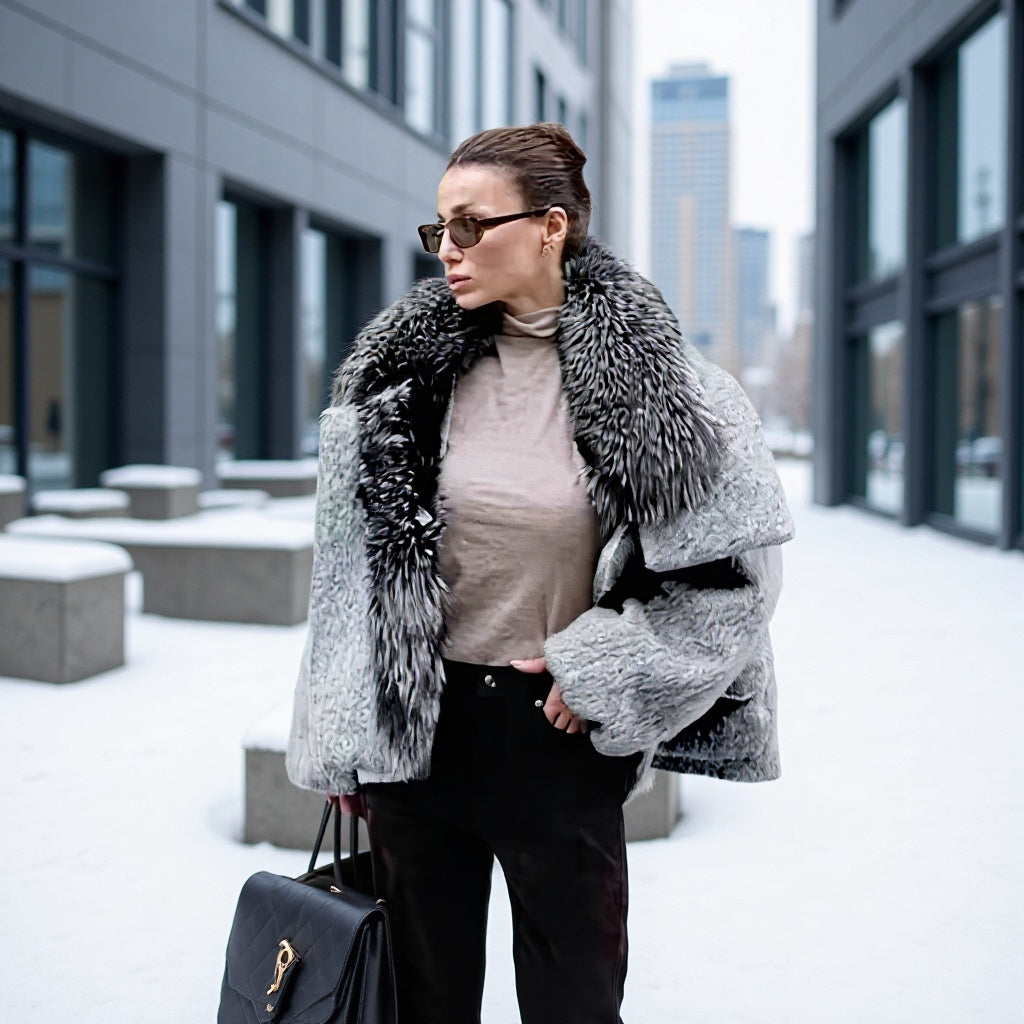 Women's short coat made of textured faux fur with voluminous contrasting collar and boxy silhouette Fashion Glam