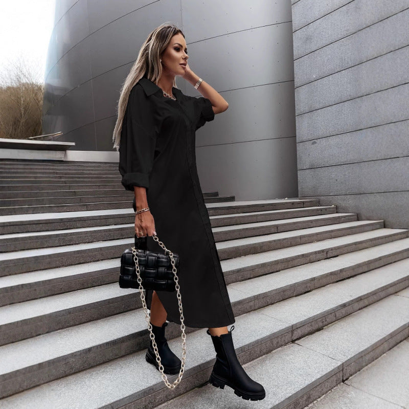 Women's Long Oversized Shirt Dress with Continuous Button Placket, Cuffed Sleeves and Deep Side Slit Fashion Glam