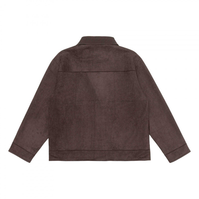 Unisex Boxy Transitional Jacket with Velvet Texture, Shirt Collar and Diagonal Insert Pockets Fashion Glam