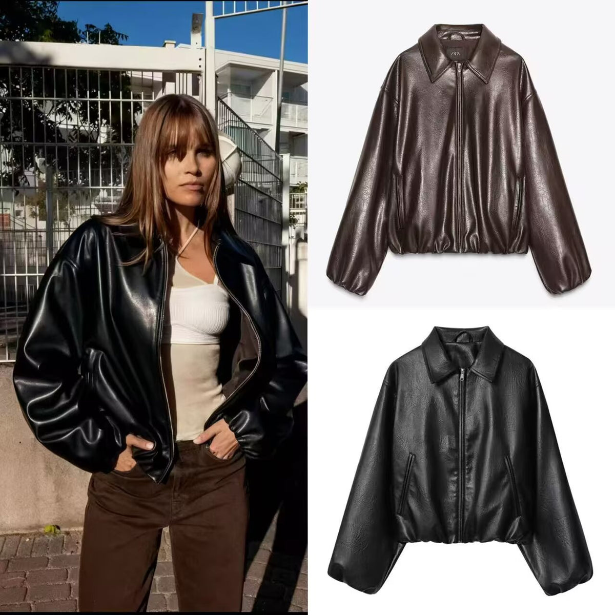 Women Oversize Faux Leather Blouson with Zipper and Elastic Hem Fashion Glam