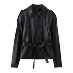 Women's Short Tailored Faux Leather Jacket with Ties and Shirt Collar Fashion Glam