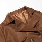 Women Longer Double-Breasted Coat in Velvet Look with Waist Belt and Turn-Up Sleeves Fashion Glam