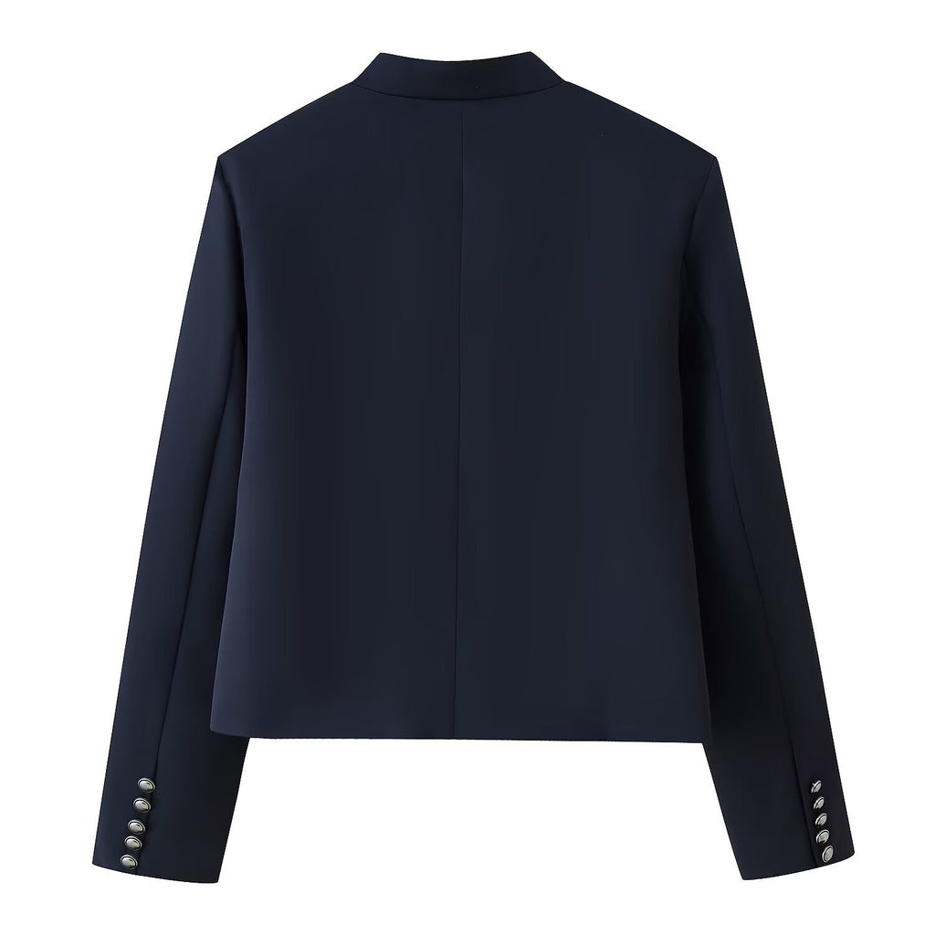 Women’s short military-style jacket with stand-up collar, decorative cord trimming, and decorative buttons Fashion Glam