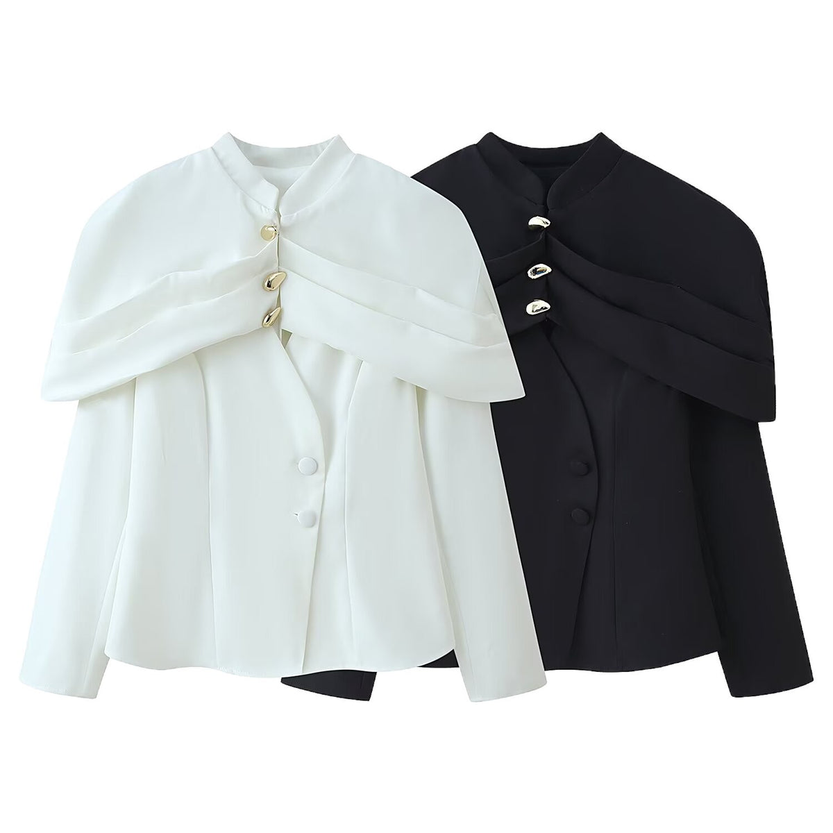 Women's cape blazer with double capelet, stand-up collar and fitted silhouette Fashion Glam