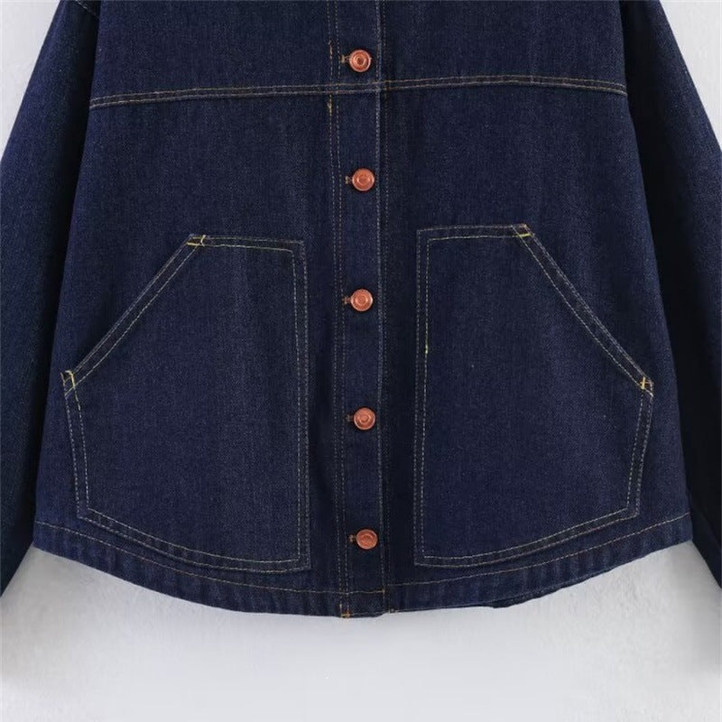 Women's Oversized Denim Jacket with Boxy Cropped Cut, Patch Pockets and Contrast Stitching Fashion Glam