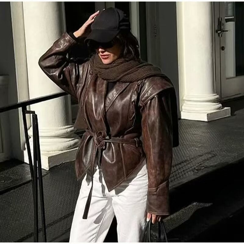 Women's Wrap Leather Jacket with Highlighted Shoulders and Waist Belt Fashion Glam