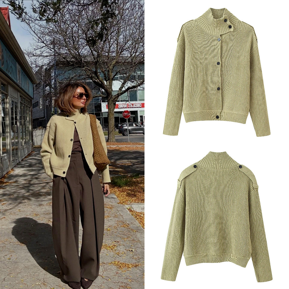 Women Ribbed Knit Cardigan with High Stand-up Collar and Button Placket Fashion Glam
