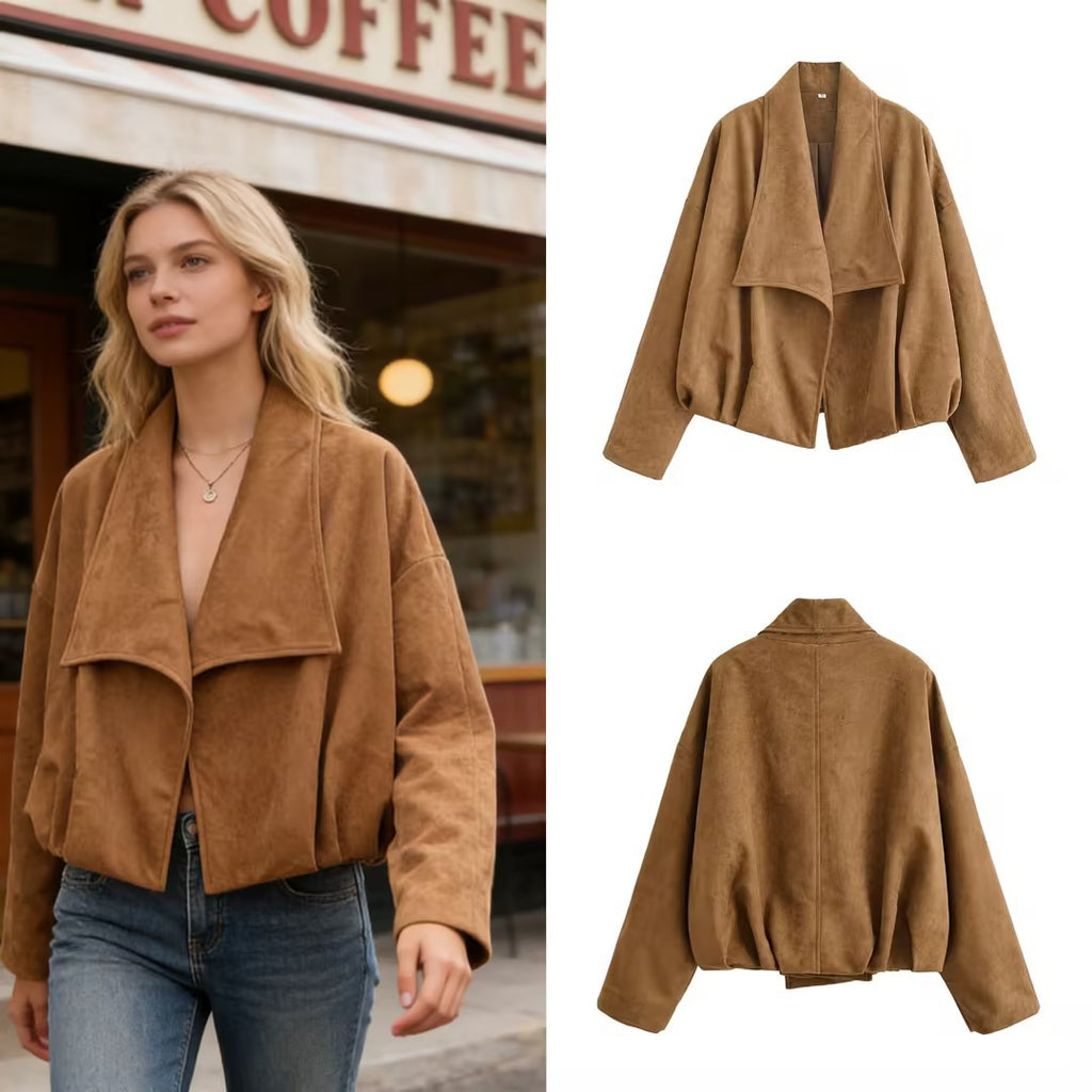 Women’s short jacket in waterfall look with soft velour finish and wide shawl collar Fashion Glam