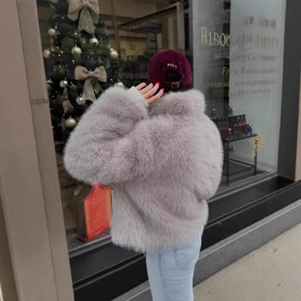Women's Short-Cut Faux Fur Blouson with Voluminous Shawl Collar and Dense Pile Fashion Glam