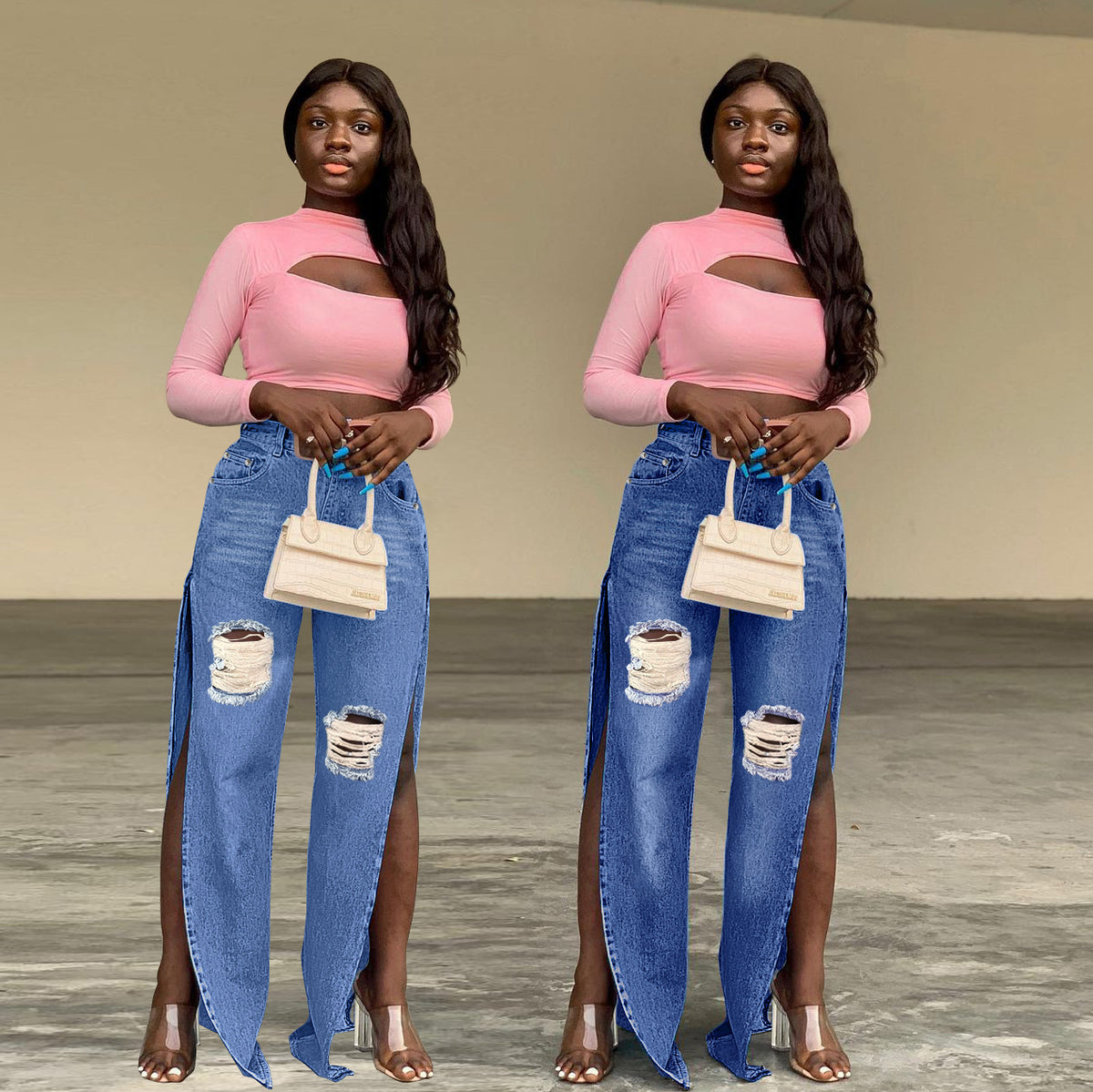 Ladies tapered denim jeans with high side slits and destroyed knee area Fashion Glam