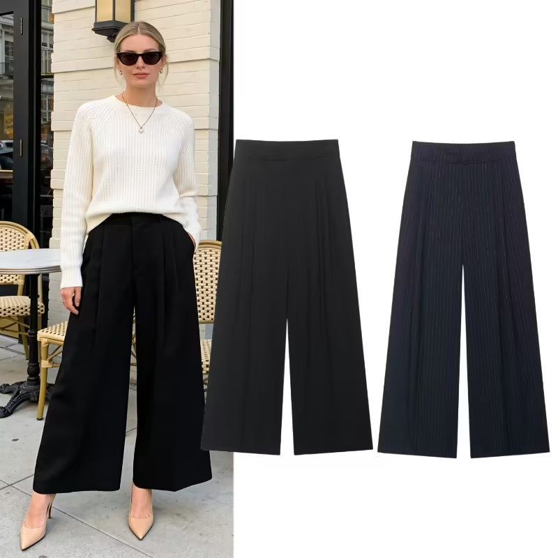Women's high-waisted wide palazzo pants with pleats and elegant drape Fashion Glam