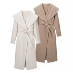 Ladies Maxi Coat with Oversized Shawl Collar, Wrap Belt and Rolled-Up Cuffs Fashion Glam