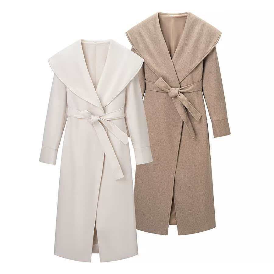 Ladies Maxi Coat with Oversized Shawl Collar, Wrap Belt and Rolled-Up Cuffs Fashion Glam