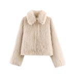 Ladies Short Fluffy Faux Fur Jacket with Lapel Collar and Straight Hem Fashion Glam