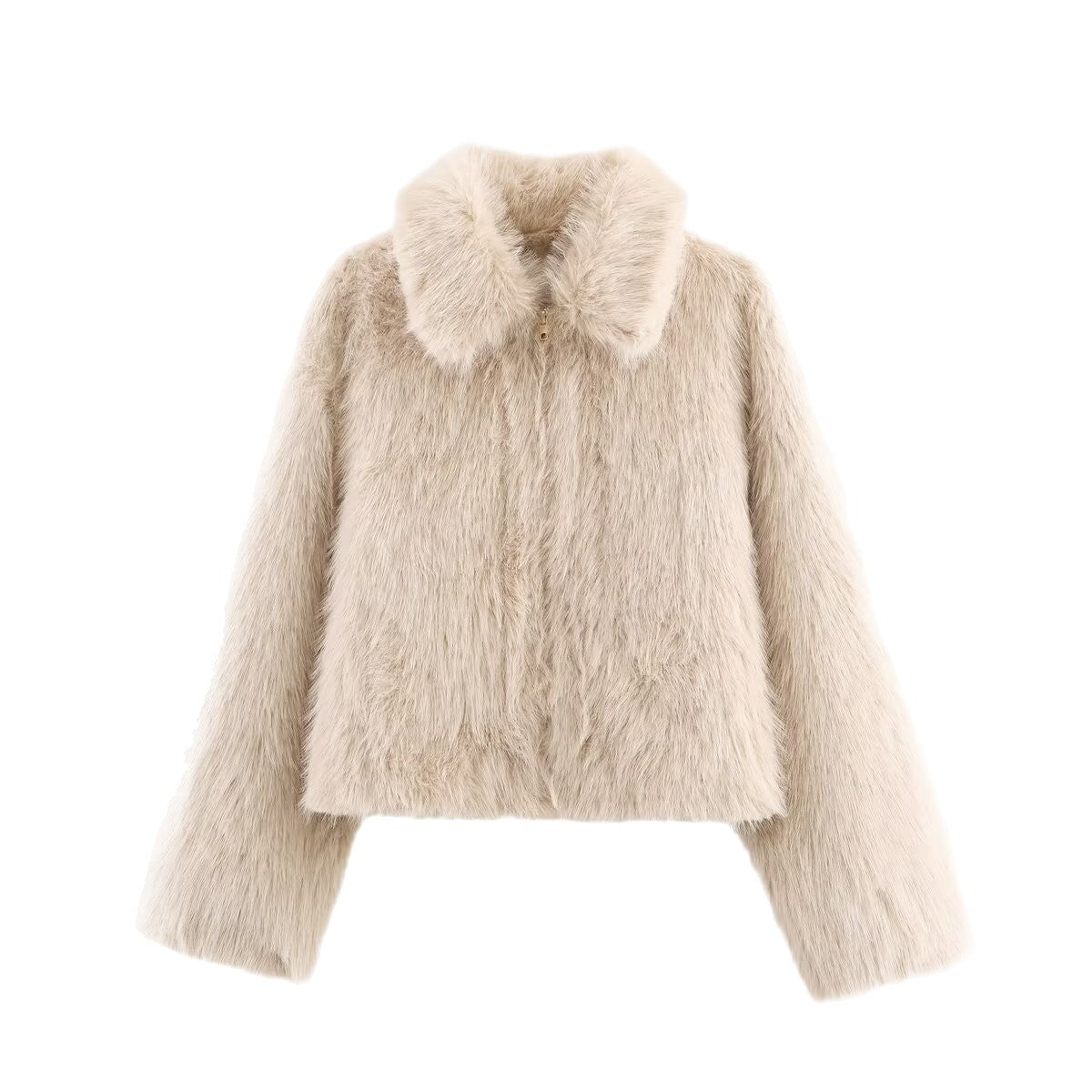 Ladies Short Fluffy Faux Fur Jacket with Lapel Collar and Straight Hem Fashion Glam