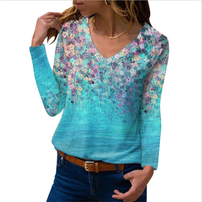 Women Long Sleeve V-Neck Tunic with Floral Watercolor Print and Light Jersey Quality Fashion Glam