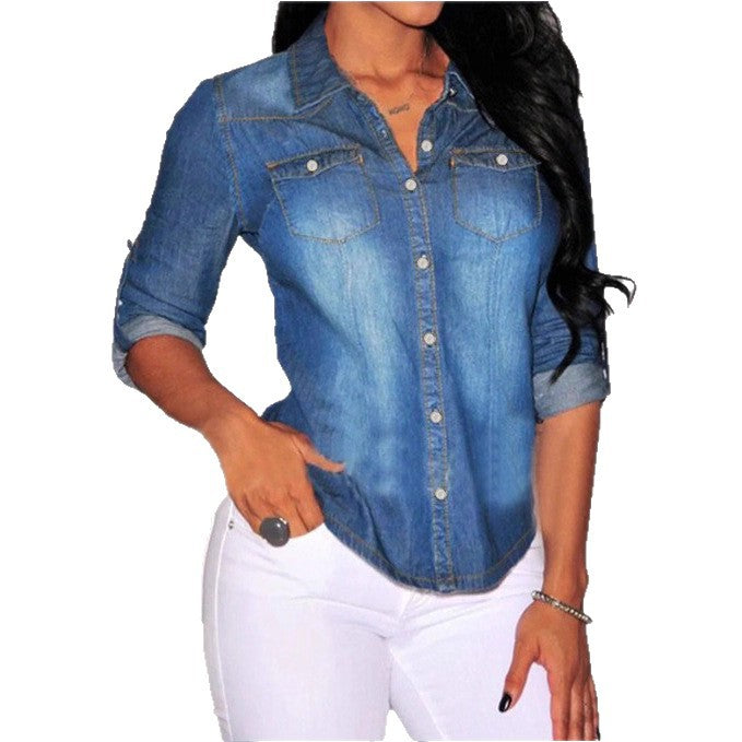 Women's tailored denim shirt blouse with chest pockets and pearl buttons Fashion Glam