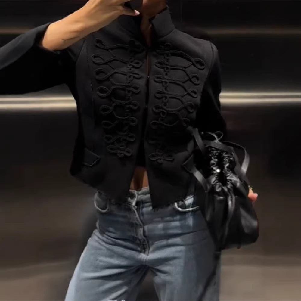 Ladies military-inspired short jacket with decorative cords and stand-up collar Fashion Glam