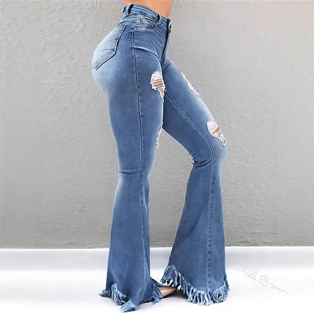Women High-Waist Flared-Jeans with sculpting cut, destroyed knee parts and frayed ruffle hem Fashion Glam