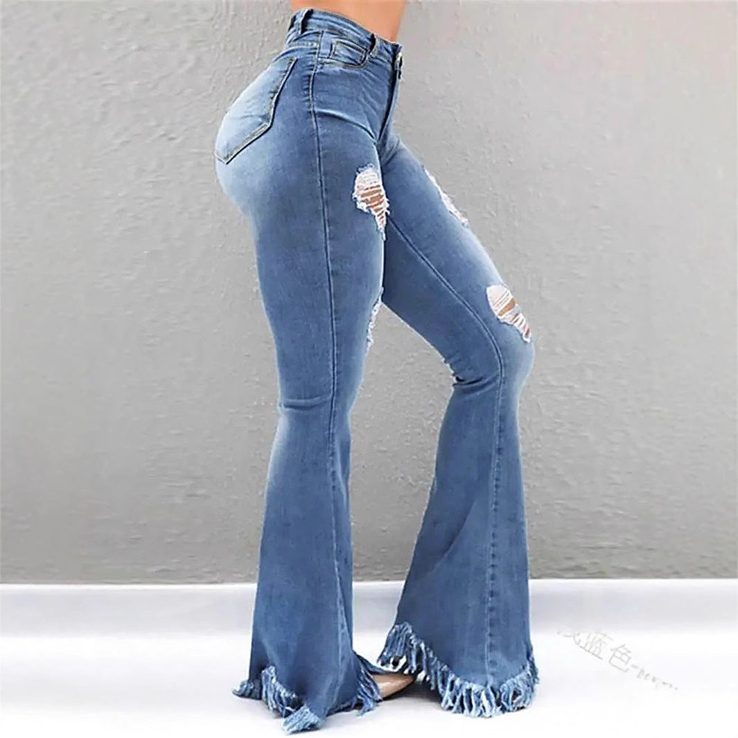 Women High-Waist Flared-Jeans with sculpting cut, destroyed knee parts and frayed ruffle hem Fashion Glam