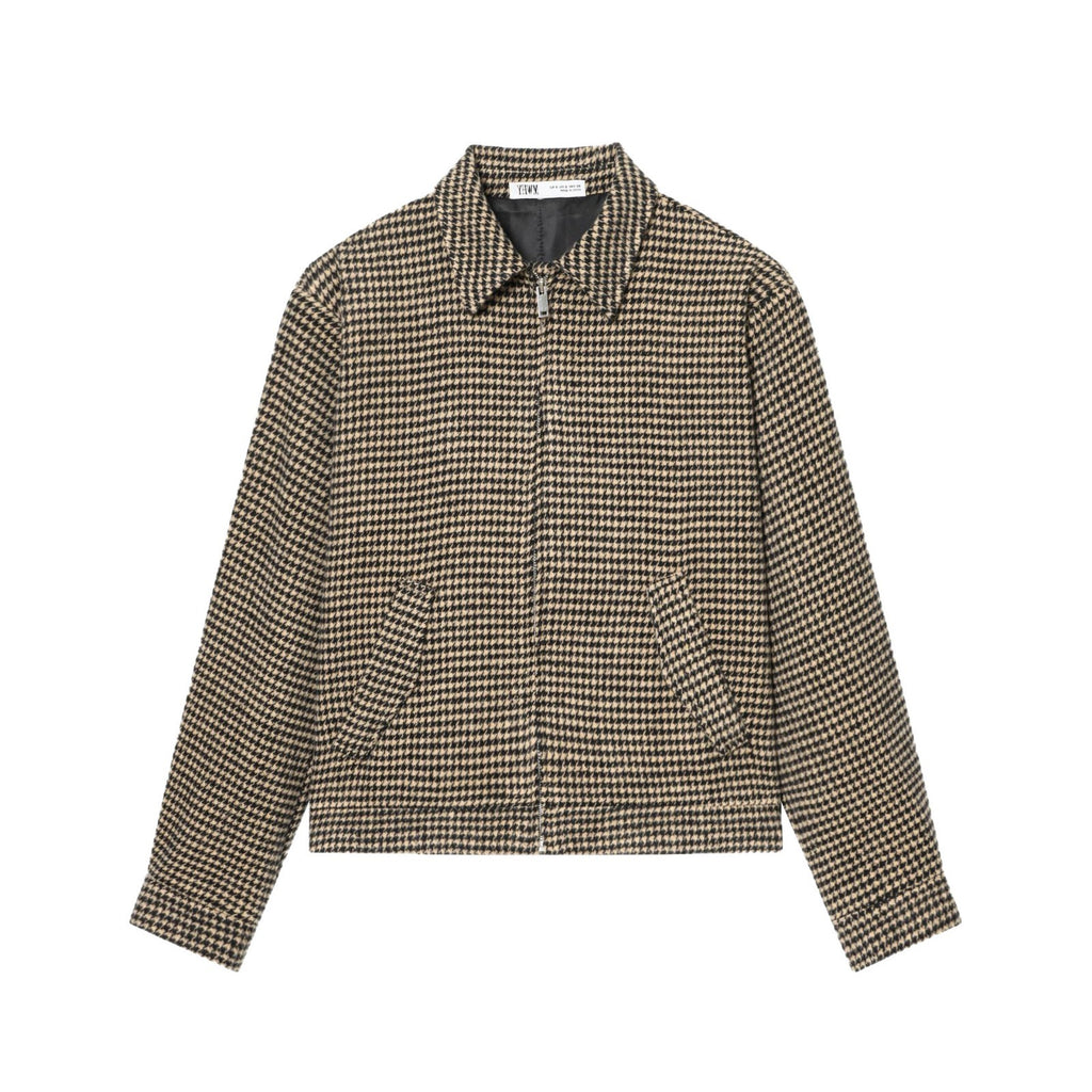 Women Boxy Short Jacket made of Wool Blend with Houndstooth Pattern, Zipper and Shirt Collar Fashion Glam
