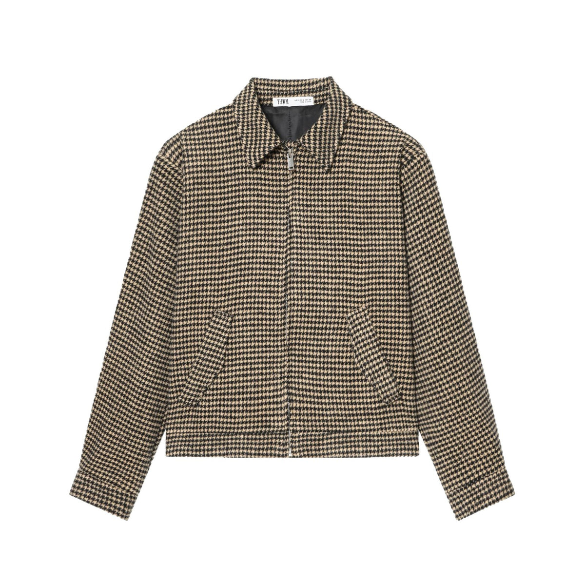 Women Boxy Short Jacket made of Wool Blend with Houndstooth Pattern, Zipper and Shirt Collar Fashion Glam