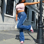 Women's high-waisted flared jeans in retro cut with elastic waistband panel and sculpting fit Fashion Glam