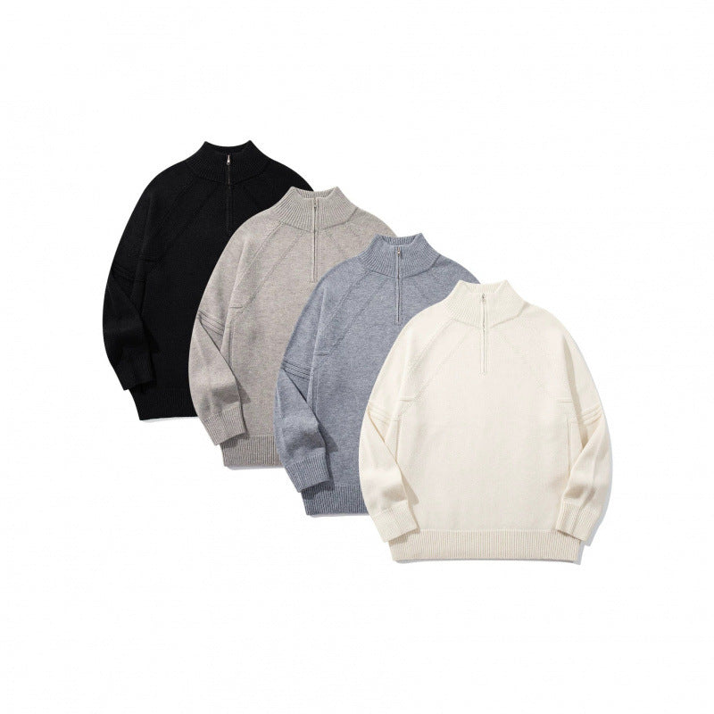 Unisex Knit Half-Zip Sweater with High Ribbed Collar and Raglan Sleeves Fashion Glam