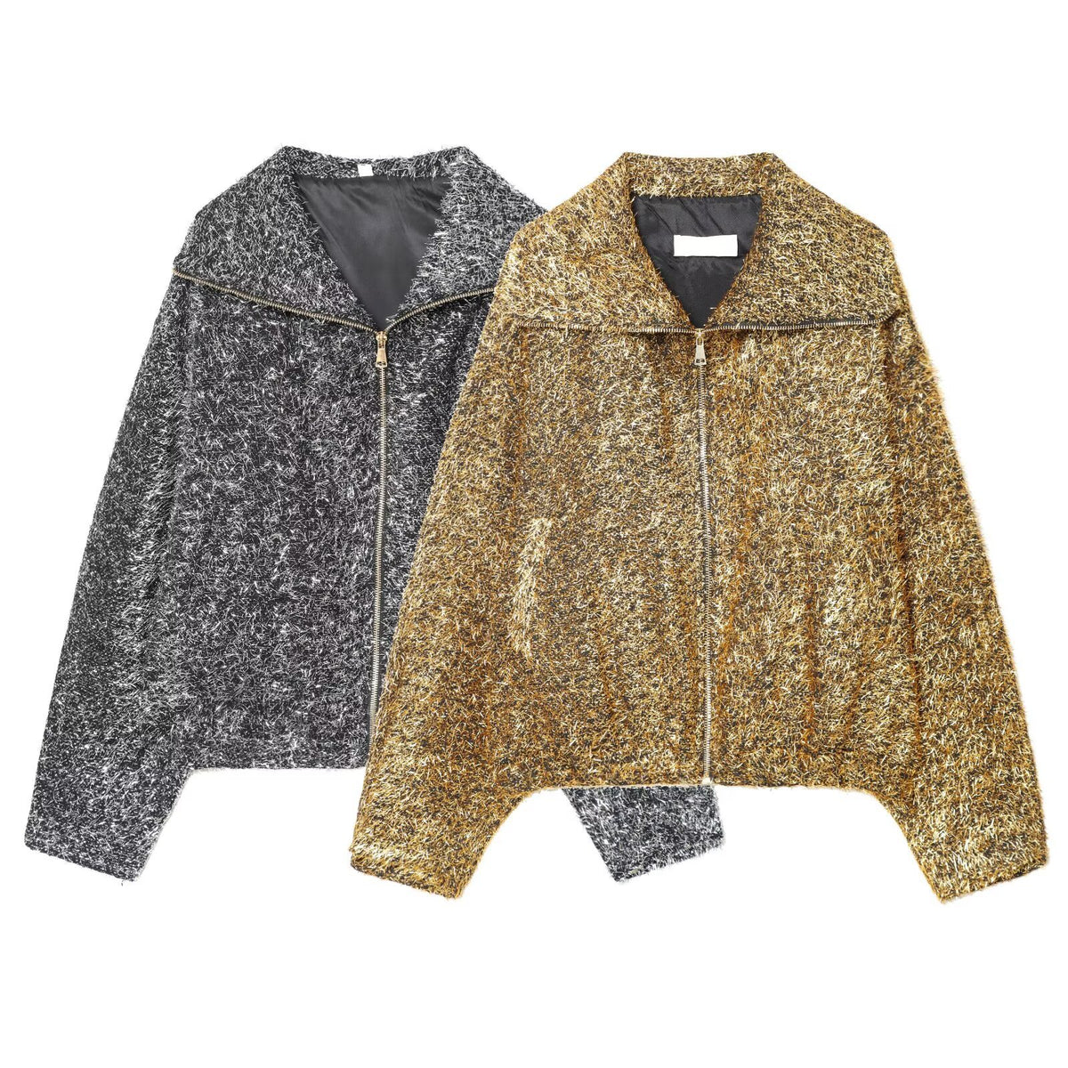 Women's cropped bouclé jacket with metallic effect and full-length zipper Fashion Glam