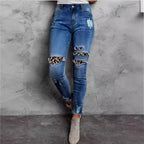 Women Stretch Skinny Jeans with High Waist, Knee Ripped Details and Leo Underlay Fashion Glam