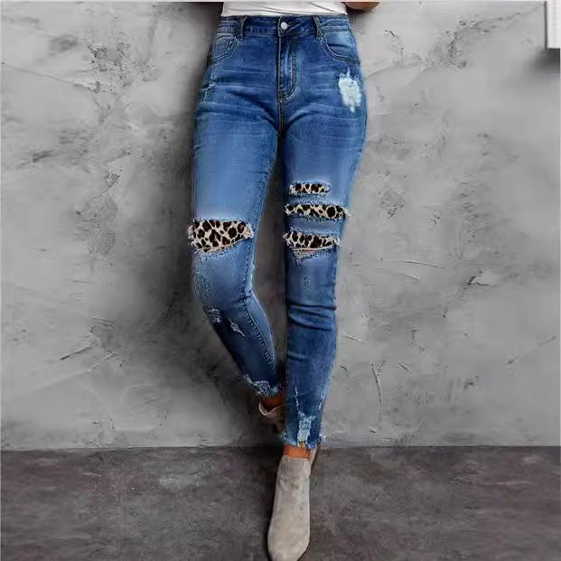 Women Stretch Skinny Jeans with High Waist, Knee Ripped Details and Leo Underlay Fashion Glam