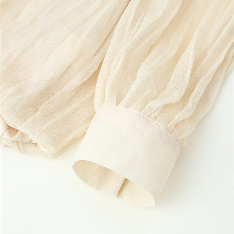 Women Transparent Pleated Chiffon Blouse with Neck Scarf Bow and Asymmetric Hem Fashion Glam