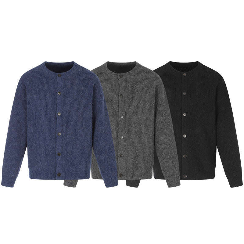 Unisex Boxy Knit Jacket with Round Neck, Continuous Button Placket and Fine Waffle Structure Fashion Glam