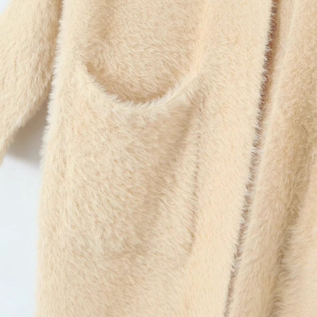 Women Longer fluffy hooded cardigan with patch pockets and open front Fashion Glam
