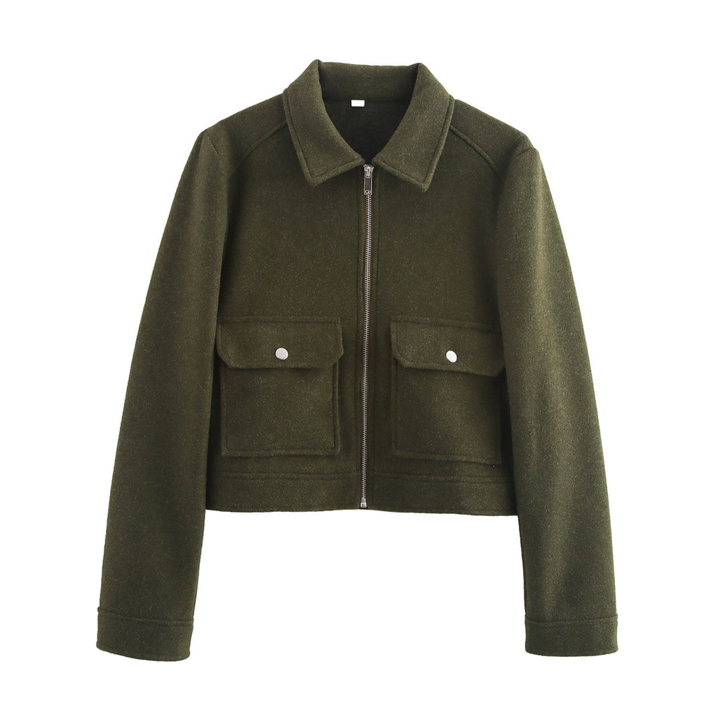 Women's short boxy wool jacket with full zip and patch pockets Fashion Glam