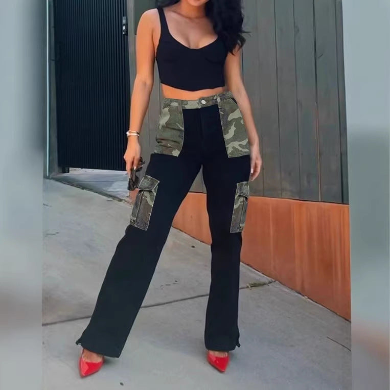 Women High-Waist Utility Jeans with Camouflage Panels and Patch Cargo Pockets Fashion Glam