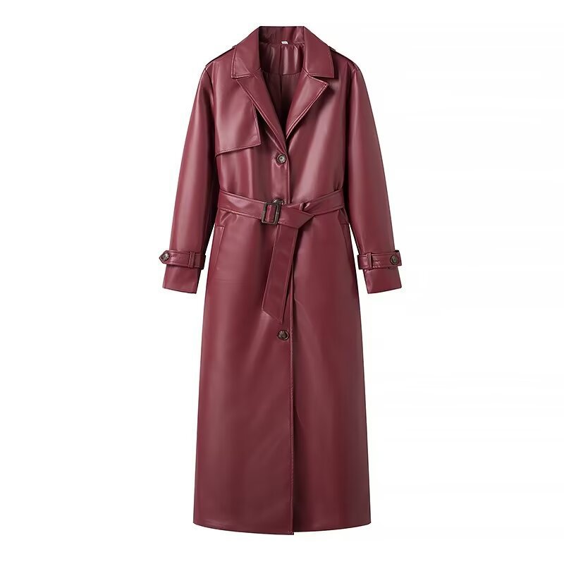 Women's Maxi Length Faux Leather Trench Coat with Wide Lapels, Back Detail, and Tie Belt Fashion Glam