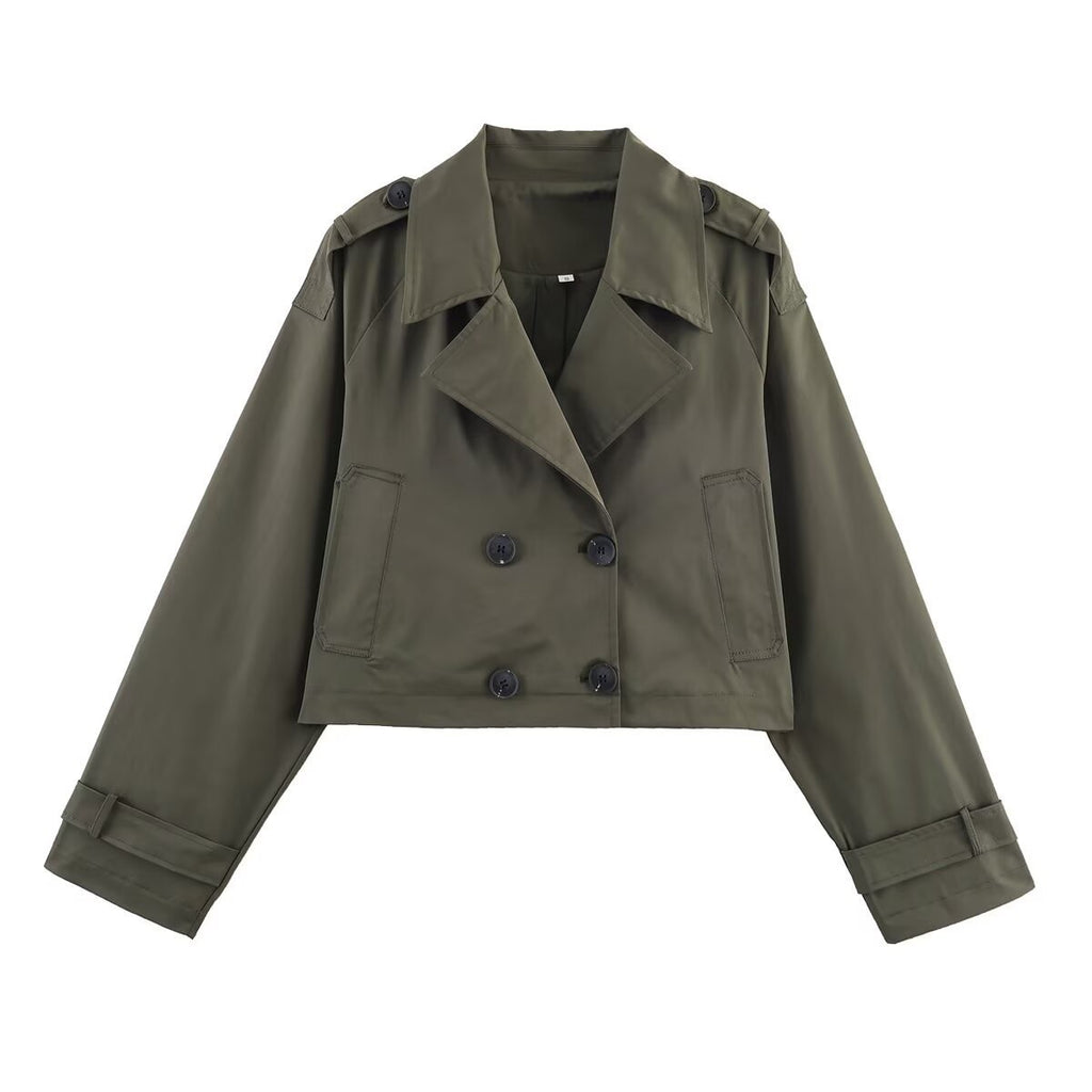 Women's Cropped Double-Breasted Trench Coat with Wide Lapels, Epaulettes and Boxy Cut Fashion Glam