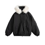 Women's Padded Bomber Jacket with Faux Fur Hood, Boxy Cut and Utility Pockets Fashion Glam