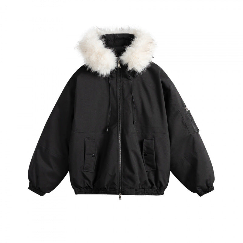 Women's Padded Bomber Jacket with Faux Fur Hood, Boxy Cut and Utility Pockets Fashion Glam