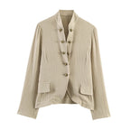 Women lightweight tailored cotton blazer jacket with stand-up collar and decorative button placket Fashion Glam