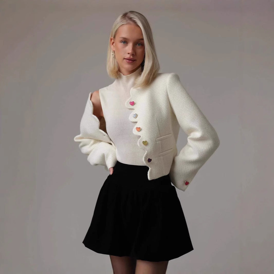Women Short Cut Boucle Jacket with Curved Button Placket and Decorative Heart Buttons Fashion Glam