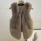 Women's Sleeveless High-Pile Faux Fur Vest with Tailored Fit and Inset Pockets Fashion Glam