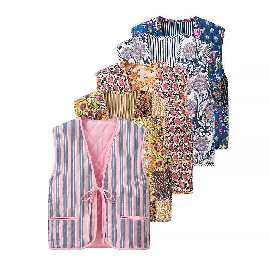 Women's Padded Quilted Vest with Floral Allover Print, Tie Belt and Decorative Piping Fashion Glam