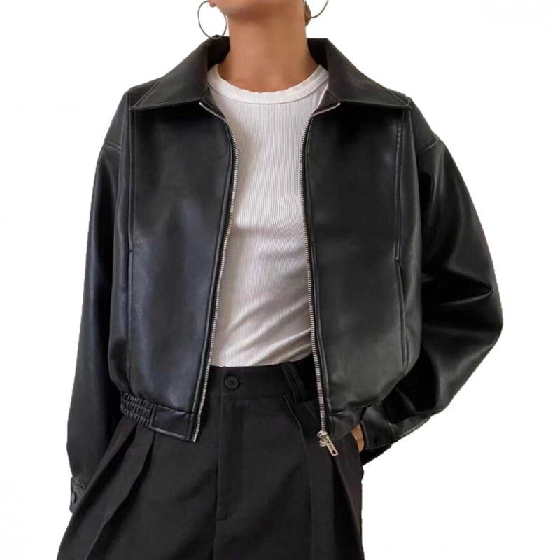 Women's Oversized Leather Jacket in Bomber Style with Elastic Hem Fashion Glam