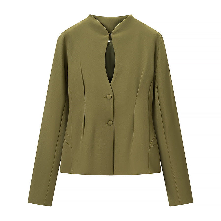 Women's Tailored Short Jacket with Stand Collar, Slit Neckline and Princess Seams Fashion Glam
