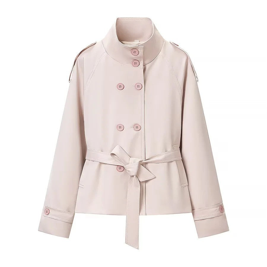 Women's Short Double-Breasted Trench Coat with Stand Collar, Tied Belt and Epaulettes Fashion Glam